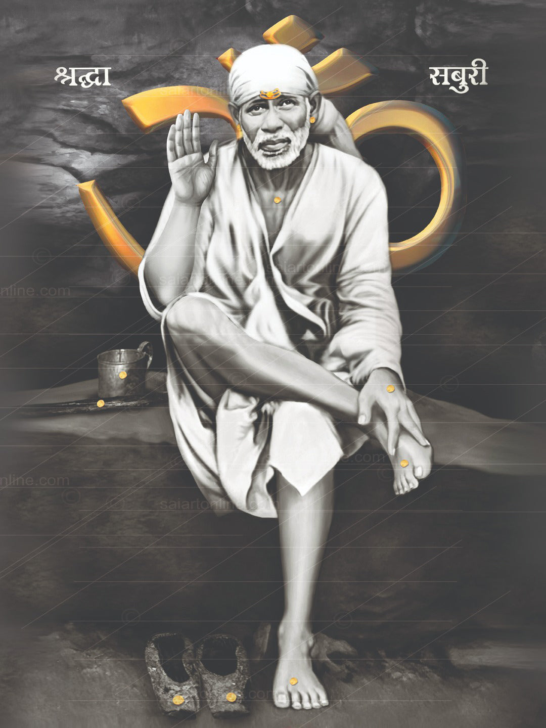 Shirdi Sai Baba Photo Sitting On Stone Hand Painting Canvas Reprint Wall Art Decor photo, Picture/Poster